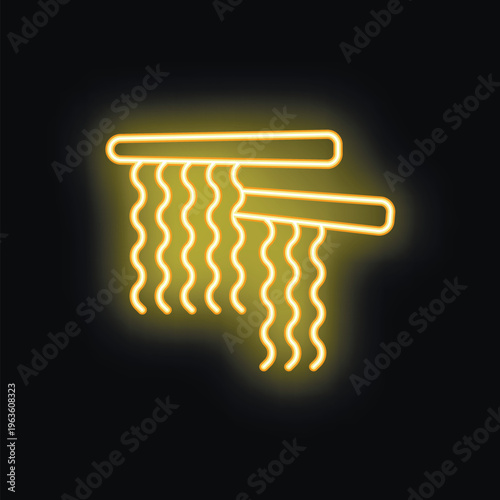 Yellow glowing neon sign depicting chopsticks holding noodles, isolated on a black background