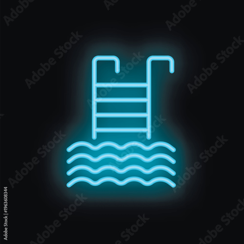 Blue neon light depicting a swimming pool ladder rising from stylized water on a black background