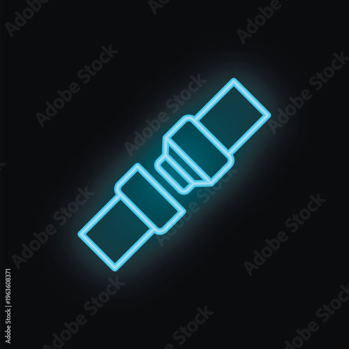 Glowing blue neon icon of a seat belt on a black background