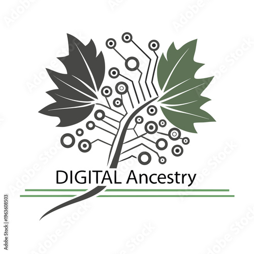 Digital ancestry logo with maple leaves and circuit board tree design