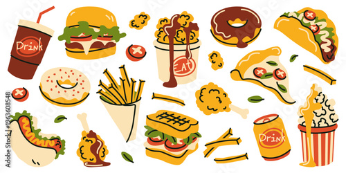 Fast food set with burger, pizza, taco, hot dog, french fries, donuts, soda drinks and chicken legs. Hand drawn fastfood products for street restaurant menu. Unhealthy junk food takeaway