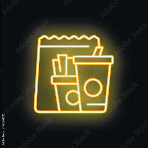 Glowing neon sign showing a paper bag containing french fries and a soda with a straw on a black background