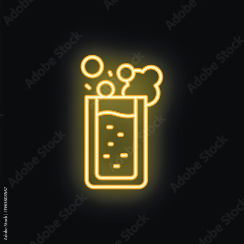 Neon sign illuminating a glass filled with a sparkling beverage and topped with foam