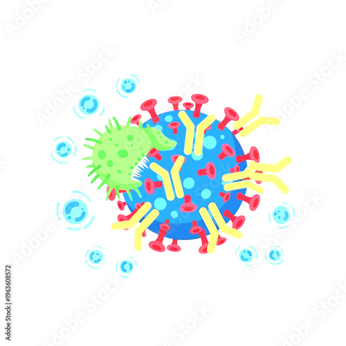 Microscopic illustration of immune system response: Antibodies recognizing and attacking virus and bacteria pathogens, medical science concept.