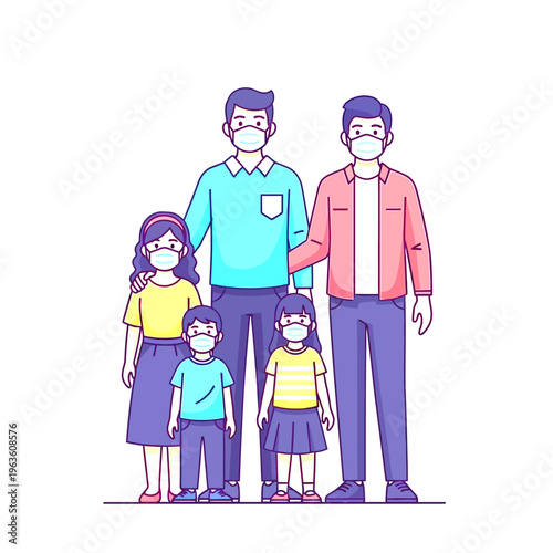 Illustration of a diverse family with two male parents and three children (two girls, one boy) all wearing protective face masks for health and safety