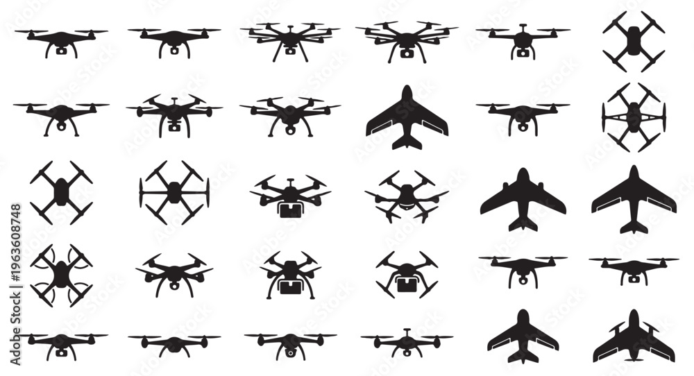 Fototapeta premium black and white vector silhouette set of drone