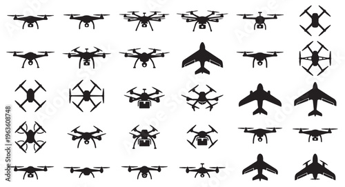 black and white vector silhouette set of drone
