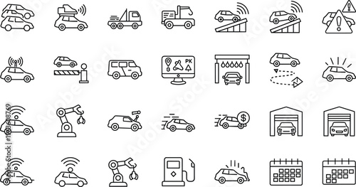 Smart car and automotive service line icons set including parking charging sensor maintenance navigation outline vector collection modern design
