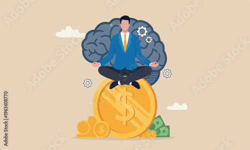 Financial guru or,big finance mindfulness for wealth management, money and investment advisor concept, smart businessman meditate and floating on big golden money dollar coin