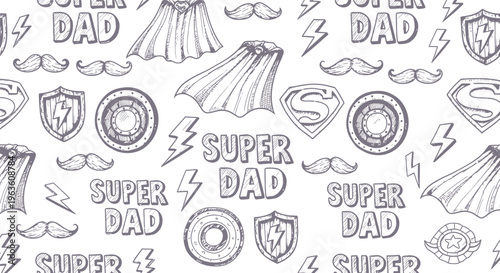Super Dad Father's Day Retro Pattern: Cape, Shield, Mustache, Lightning Bolt
