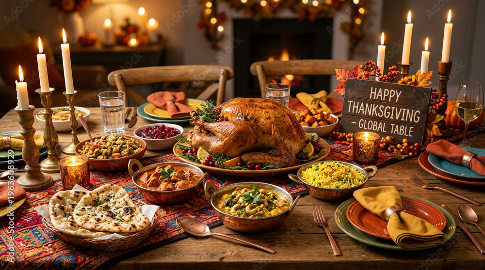 Fototapeta premium Global Thanksgiving feast on a rustic wooden table with diverse dishes