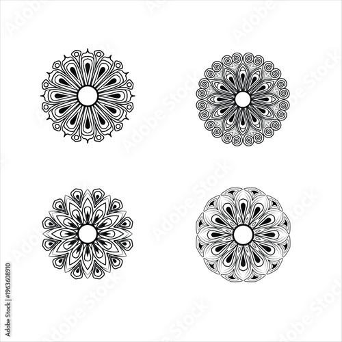 Collection of four intricate black and white mandalas. Detailed vector line art for coloring books, tattoos, logos, and spiritual decorative projects.