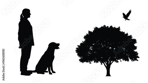 Woman dog and bird gazing at a tree in dark silhouette