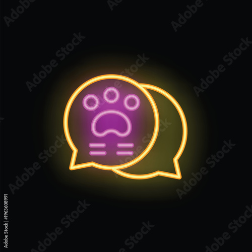 Neon icon of two speech bubbles having a conversation about pets, with a paw print in the first bubble