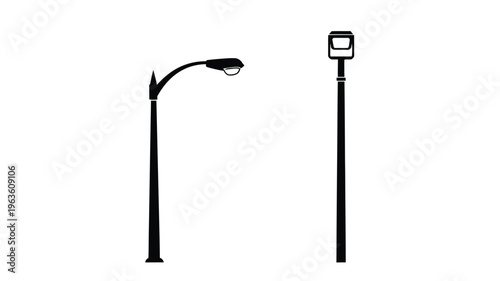 Two street lamps against a white background stark silhouette