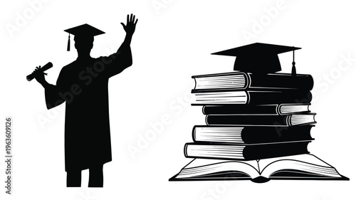 Graduation celebration with books and a triumphant graduate silhouette