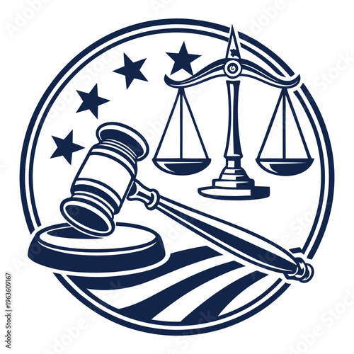 Legal justice system icon with gavel, scales and american stars design