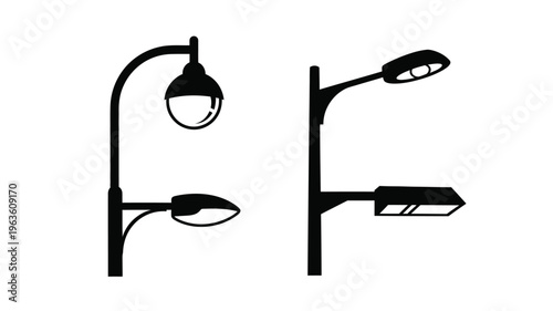 Two street lamp designs presented as a stark black silhouette