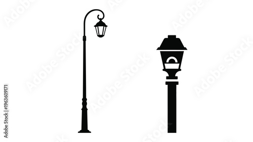 Black street lamps and a building simple graphic design silhouette