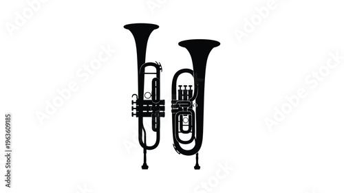 Two brass instruments a trumpet and flugelhorn in black silhouette