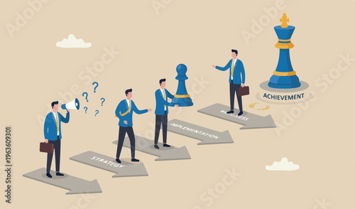 Strategic planning process, business work progress achievement journey success career development winning team solution concept, businessman move chess king step achievement