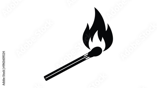 Burning match with flickering flame a stark black silhouette