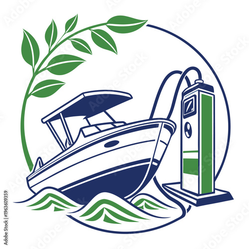 Eco-friendly boat fueling illustration with green energy and marine environment