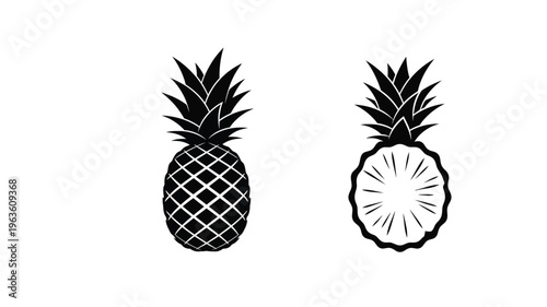 Two pineapple illustrations one whole and one cut in black silhouette