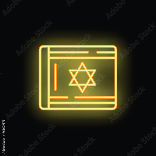 Glowing neon line icon of a torah with the star of david, a symbol of judaism