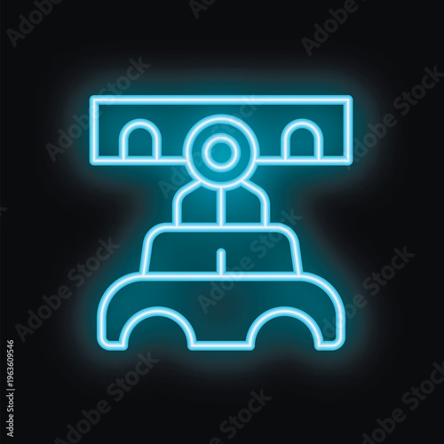 Glowing blue neon icon of a self driving vehicle using sensors to navigate traffic on a dark background