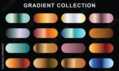A curated collection of diverse color gradients, featuring smooth transitions from metallic to vibrant and earthy hues. Essential for modern graphic design, web backgrounds, and digital art