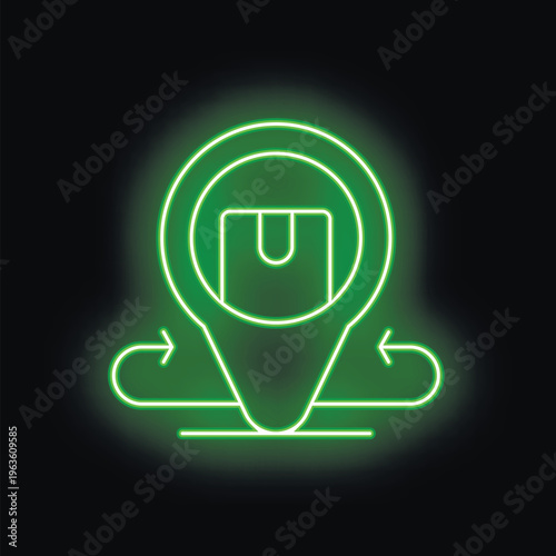 Green neon sign representing a geolocation pin with a cardboard box inside, for delivery tracking purposes