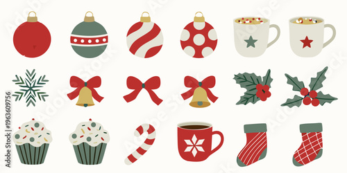Festive christmas illustrations featuring ornaments treats and winter accessories