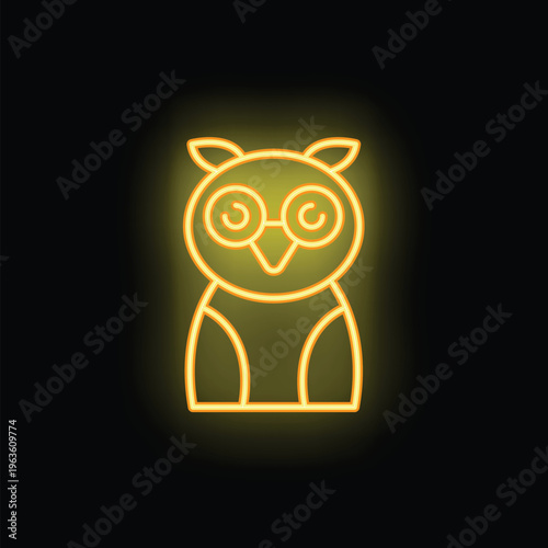 Neon sign of an owl wearing glasses is glowing on a black background