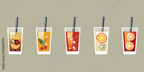 Five colorful glasses of refreshing summer drinks with fruit and straws