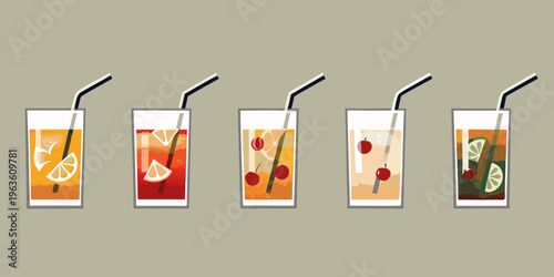 Five colorful glasses of refreshing summer drinks with fruit garnishes