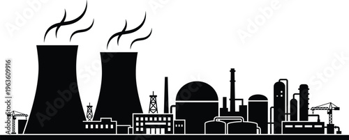 Detailed Industrial Cityscape Silhouette Featuring Nuclear Power Plant Cooling Towers Oil Refinery Storage Tanks Construction Cranes and Factory Buildings for Energy Manufacturing Infrastructure