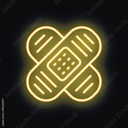 Yellow neon style icon of two adhesive bandages forming a cross shape, representing first aid and wound care
