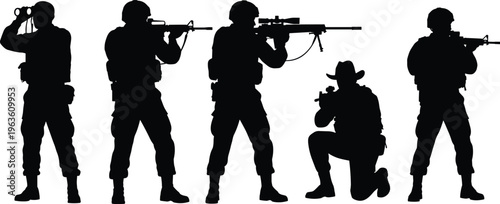 Armed soldier silhouette illustration, tactical rifle stances, binocular lookout, kneeling figure, military gear vector artwork design