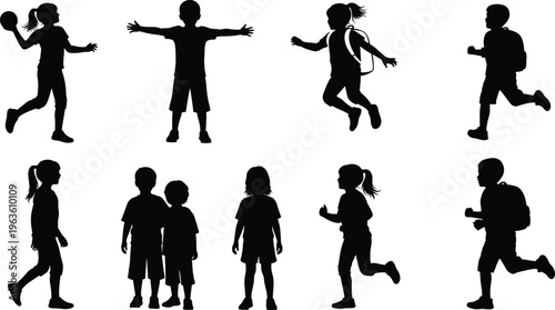 Children silhouette illustration, playful activity poses, running walking jumping, backpack school kids, childhood motion vector artwork design