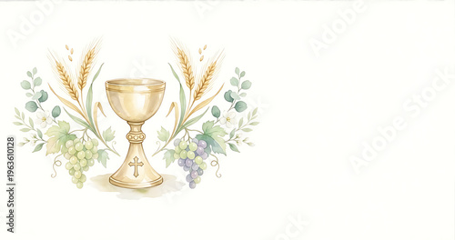 Golden chalice surrounded by grapes and wheat in floral design  