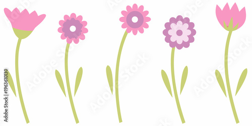 A collection of colorful stylized flowers with green stems and leaves