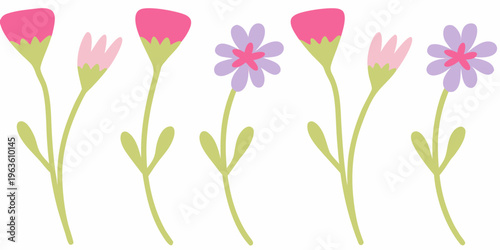 Stylized illustration of pink and purple wildflowers with green stems