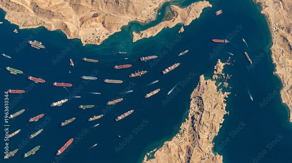 Fototapeta premium The Global Bottleneck: Massive Shipping Fleet Navigating the Strait of Hormuz