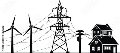 Electric power distribution illustration, wind turbines renewable energy, transmission tower, utility pole transformer, residential house electricity supply art