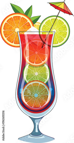 A fresh cold glass of tropical citrus cocktail with lime and lemon slices, featuring green fruit and ice in a refreshing summer beverage isolated on white