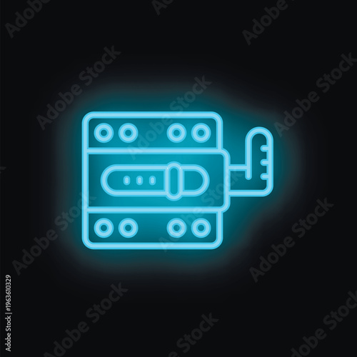 Blue neon icon of a voltage regulator glowing on a dark background, representing electrical stability and power control
