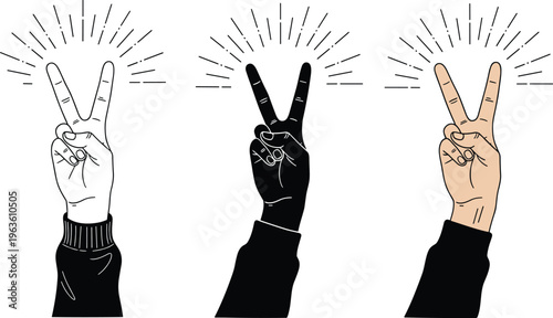 Peace sign hands illustration, unity diversity, black white skin tone, gesture art, harmony symbol, minimalist vector design artwork