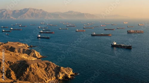 Golden Hour Over the Strait of Hormuz: A Vast Fleet of Anchored Cargo Ships