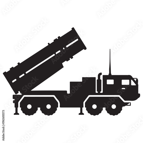 Military Mobile Missile Launcher Truck Silhouette with Elevated Rocket Pod Ready for Launch, Isolated on White Background for Tactical Graphics and Defense Industry Design, Minimalist Vector Icon